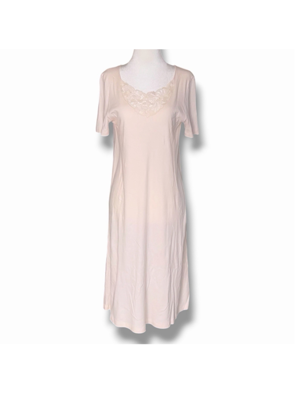 Hanro S Pink Mercerized Cotton Short Sleeve Midi Sleep Dress Lace Neckline NEW